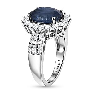 D'Joy AAA Kashmir Kyanite and Moissanite 5.40 ctw Royal Blue Blossom Ring in Rhodium Over Sterling Silver (Size 10.0)