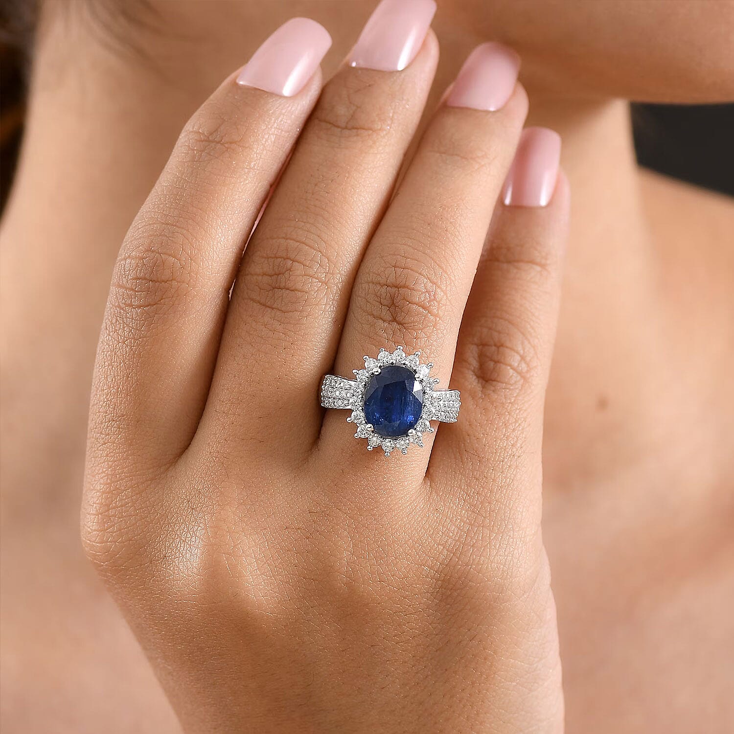 D'Joy AAA Kashmir Kyanite and Moissanite 5.40 ctw Royal Blue Blossom Ring in Rhodium Over Sterling Silver (Size 6.0)
