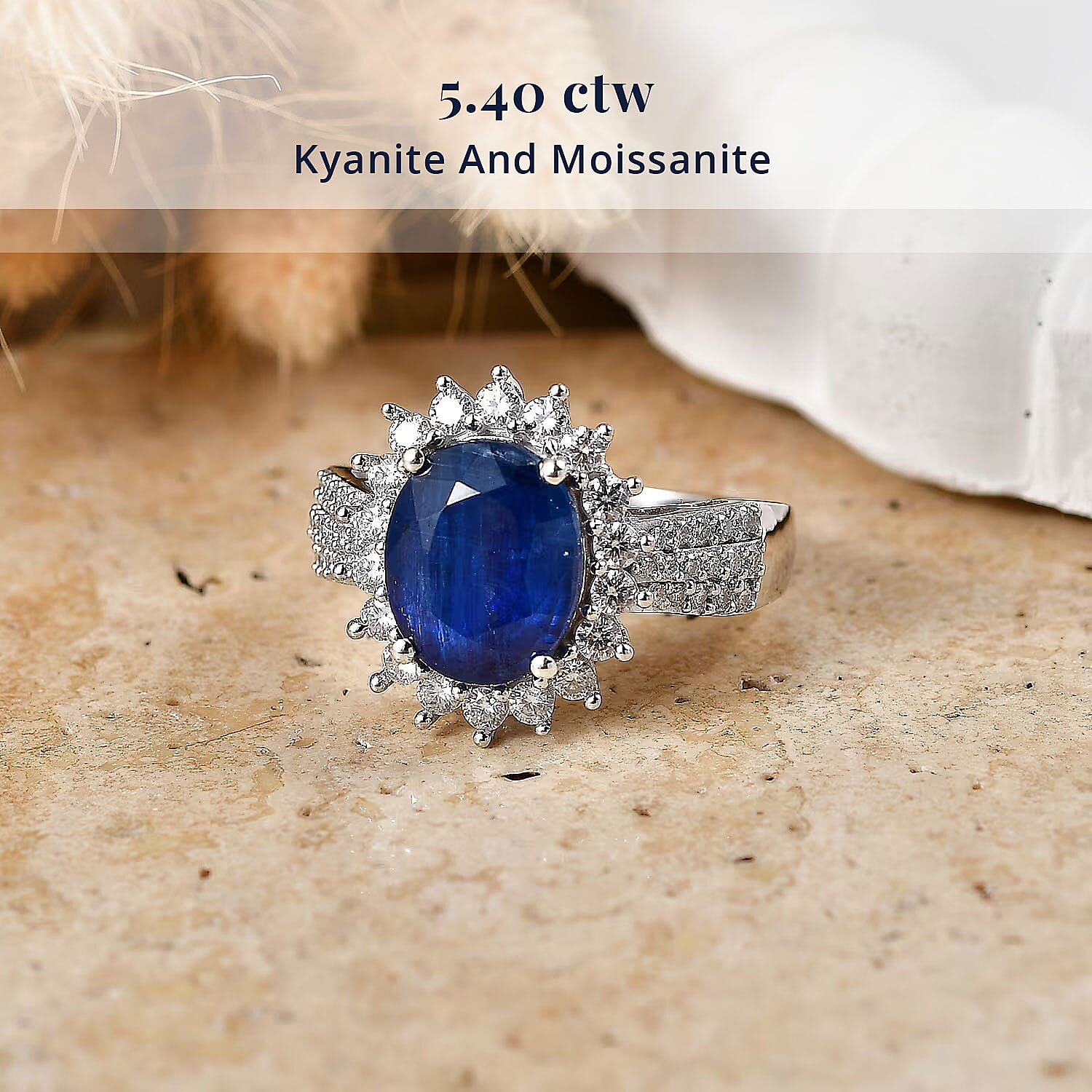 D'Joy AAA Kashmir Kyanite and Moissanite 5.40 ctw Royal Blue Blossom Ring in Rhodium Over Sterling Silver (Size 6.0)