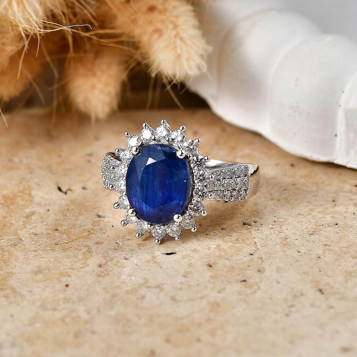 D'Joy AAA Kashmir Kyanite and Moissanite 5.40 ctw Royal Blue Blossom Ring in Rhodium Over Sterling Silver (Size 7.0) image number 1
