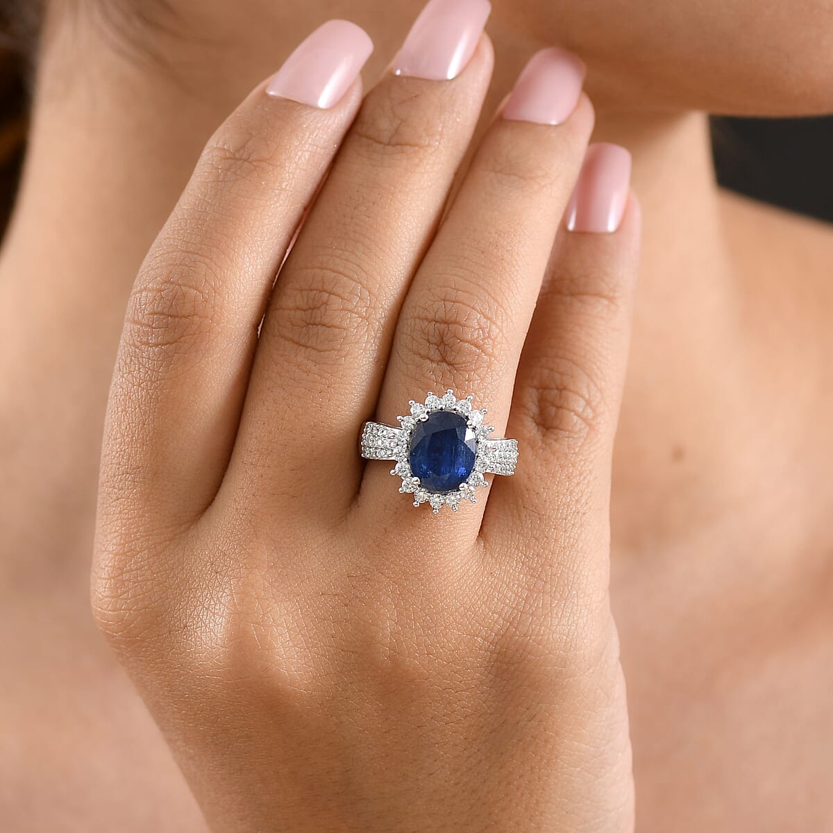 D'Joy AAA Kashmir Kyanite and Moissanite 5.40 ctw Royal Blue Blossom Ring in Rhodium Over Sterling Silver (Size 7.0) image number 2