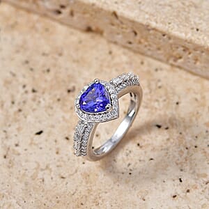 D'Joy Premium Tanzanite and Moissanite 1.80 ctw Heart Ring in Rhodium Over Sterling Silver (Size 5.0)