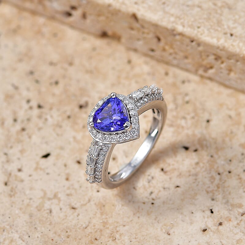 D'Joy Premium Tanzanite and Moissanite 1.80 ctw Heart Ring in Rhodium Over Sterling Silver (Size 5.0)
