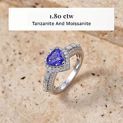 D'Joy Premium Tanzanite and Moissanite 1.80 ctw Heart Ring in Rhodium Over Sterling Silver (Size 5.0)