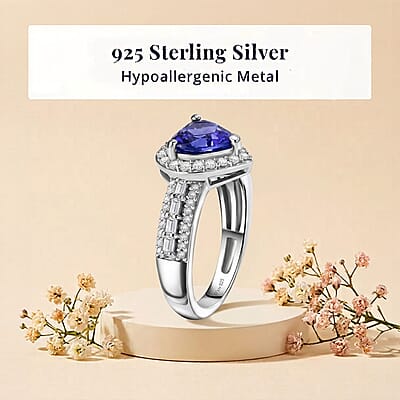 D'Joy Premium Tanzanite and Moissanite 1.80 ctw Heart Ring in Rhodium Over Sterling Silver (Size 5.0)