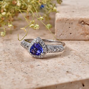 D'Joy Premium Tanzanite and Moissanite 1.80 ctw Heart Ring in Rhodium Over Sterling Silver (Size 7.0)