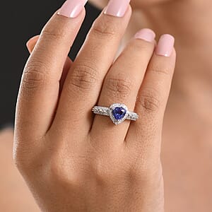 D'Joy Premium Tanzanite and Moissanite 1.80 ctw Heart Ring in Rhodium Over Sterling Silver (Size 7.0)