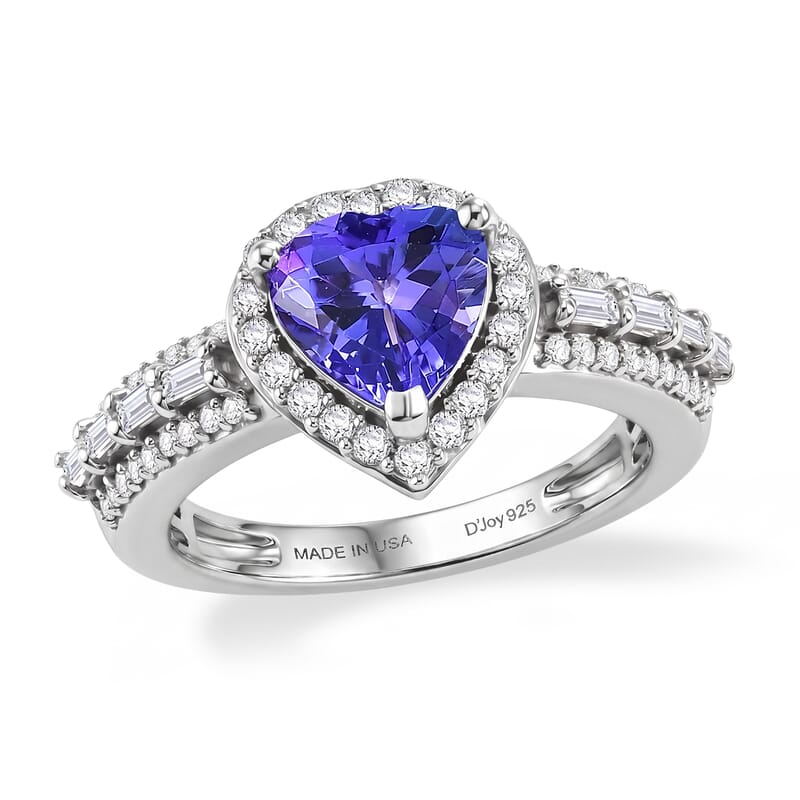 D'Joy Premium Tanzanite and Moissanite 1.80 ctw Heart Ring in Rhodium Over Sterling Silver (Size 8.0)