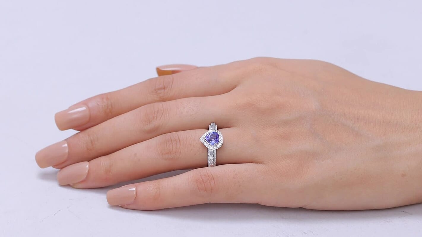 D'Joy Premium Tanzanite, Moissanite Heart Ring in Rhodium Over Sterling Silver (Size 10.0) 1.80 ctw