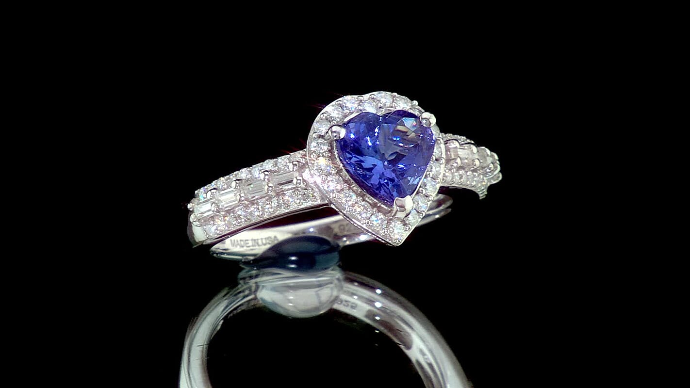 D'Joy Premium Tanzanite, Moissanite Heart Ring in Rhodium Over Sterling Silver (Size 10.0) 1.80 ctw