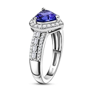 D'Joy Premium Tanzanite and Moissanite 1.80 ctw Heart Ring in Rhodium Over Sterling Silver (Size 9.0)