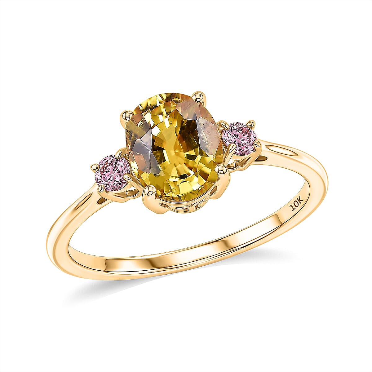 10K Yellow Gold AAA Madagascar Yellow Sapphire, Luxuriant Lab Grown Pink Diamond (VS) (0.15 cts) Trilogy Ring (Size 5.0) 3.15 ctw