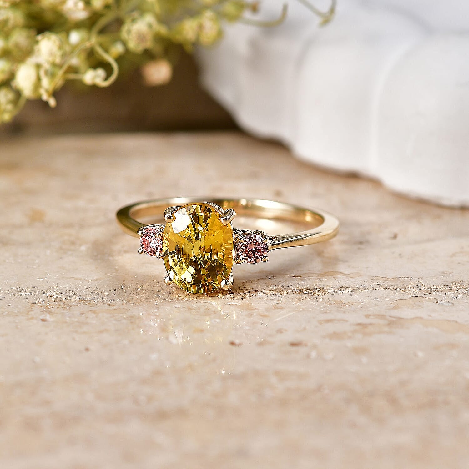 10K Yellow Gold AAA Madagascar Yellow Sapphire, Luxuriant Lab Grown Pink Diamond (VS) (0.15 cts) Trilogy Ring (Size 5.0) 3.15 ctw
