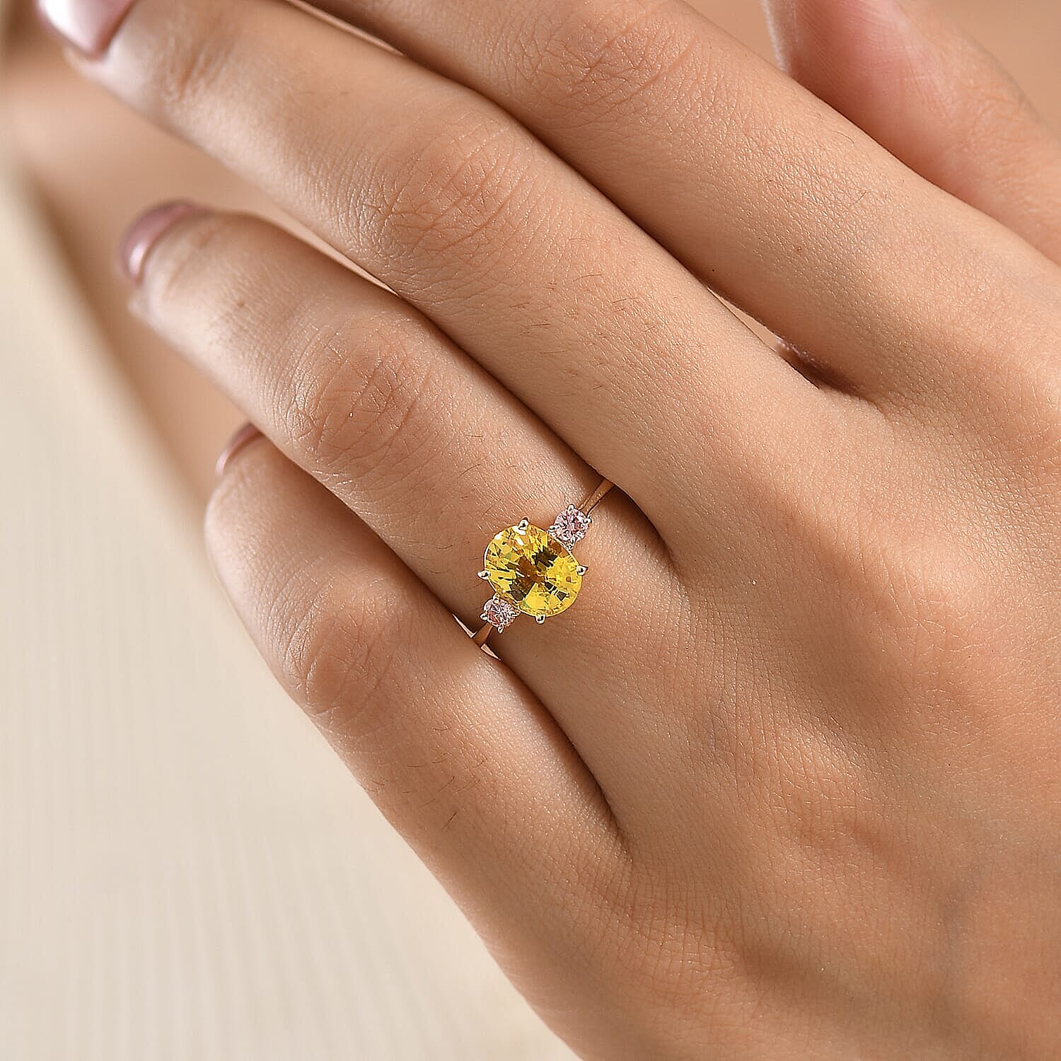 10K Yellow Gold AAA Madagascar Yellow Sapphire, Luxuriant Lab Grown Pink Diamond (VS) (0.15 cts) Trilogy Ring (Size 5.0) 3.15 ctw