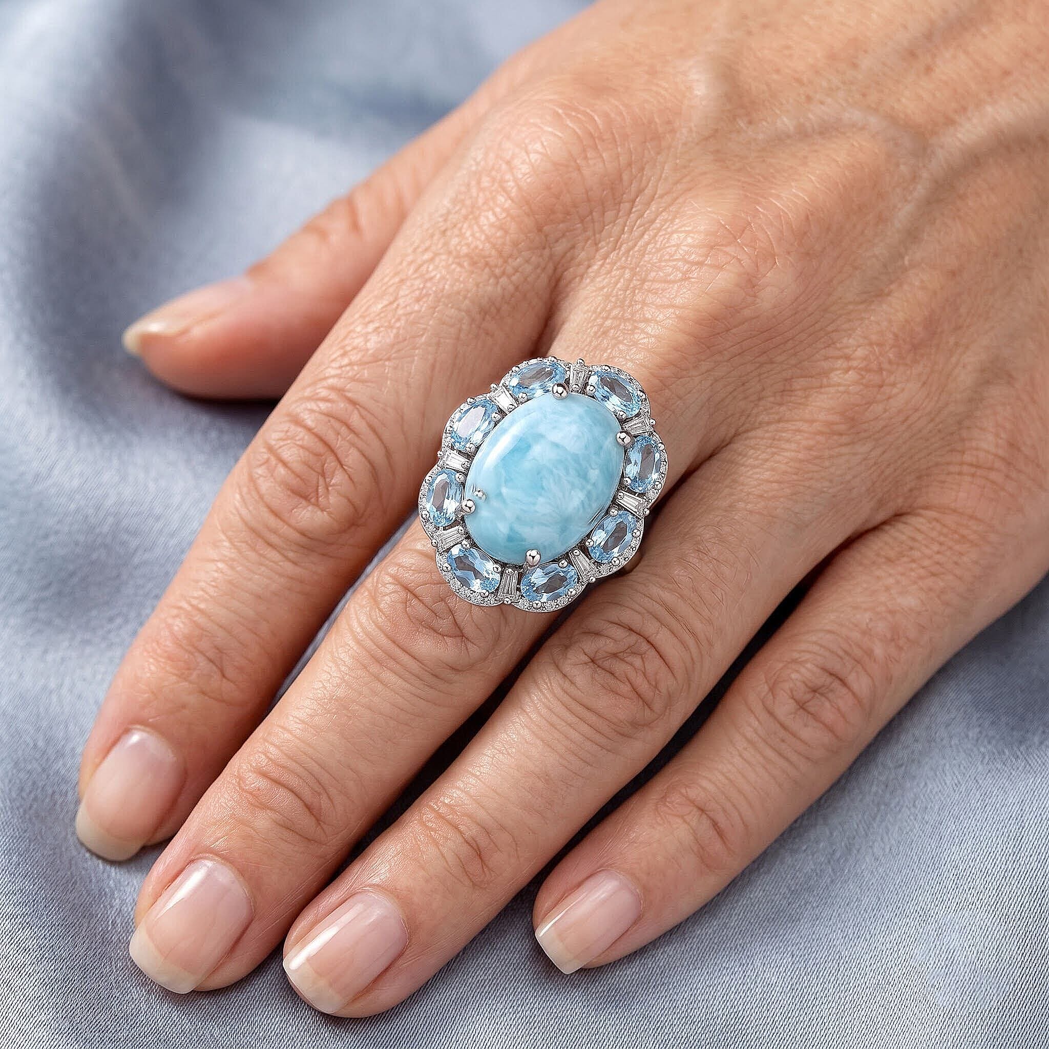D'Joy AAA Larimar, Multi Gemstone Ring in Rhodium Over Sterling Silver (Size 5.0) 14.00 ctw