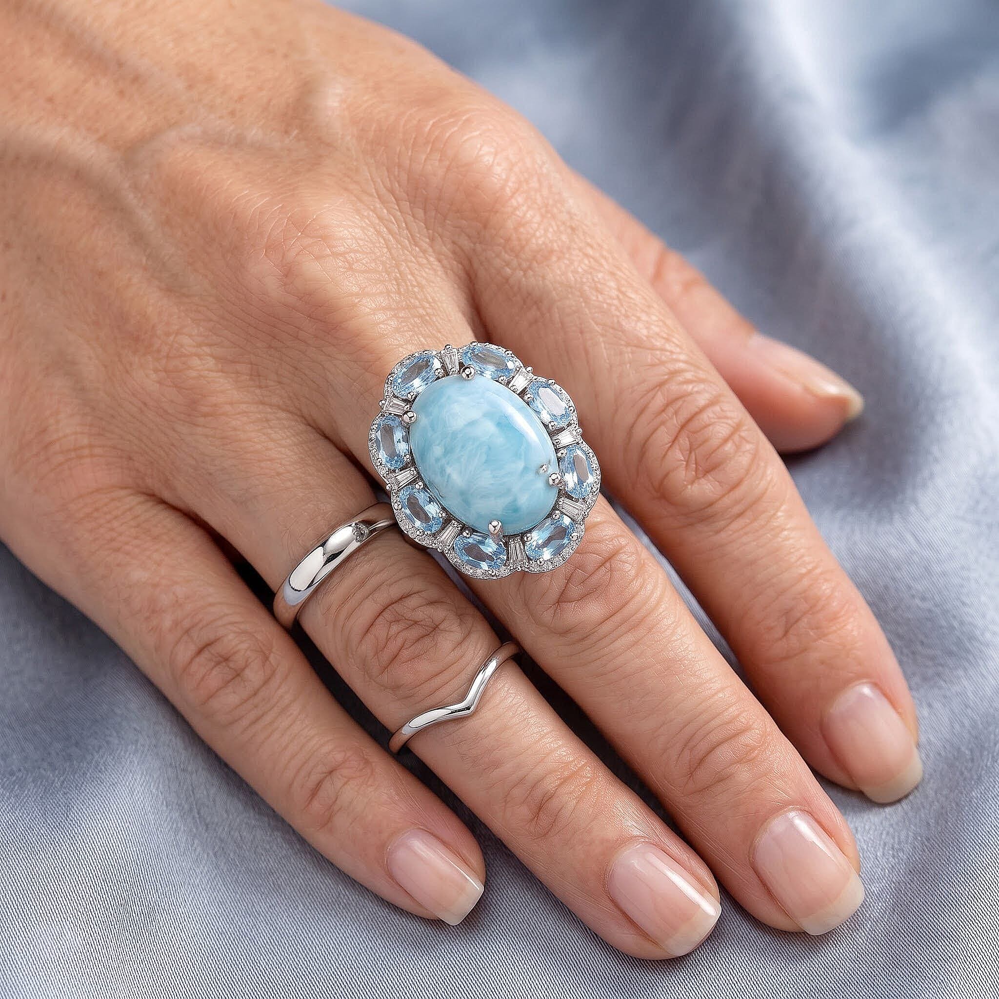 D'Joy AAA Larimar, Multi Gemstone Ring in Rhodium Over Sterling Silver (Size 5.0) 14.00 ctw