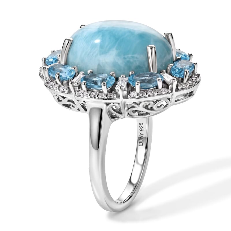 D'Joy AAA Larimar, Multi Gemstone Ring in Rhodium Over Sterling Silver (Size 5.0) 14.00 ctw