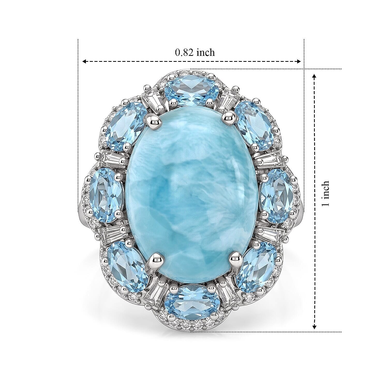 D'Joy AAA Larimar, Multi Gemstone Ring in Rhodium Over Sterling Silver (Size 5.0) 14.00 ctw