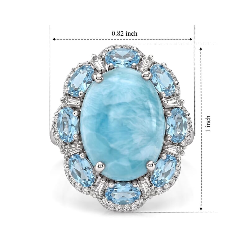D'Joy AAA Larimar, Multi Gemstone Ring in Rhodium Over Sterling Silver (Size 5.0) 14.00 ctw