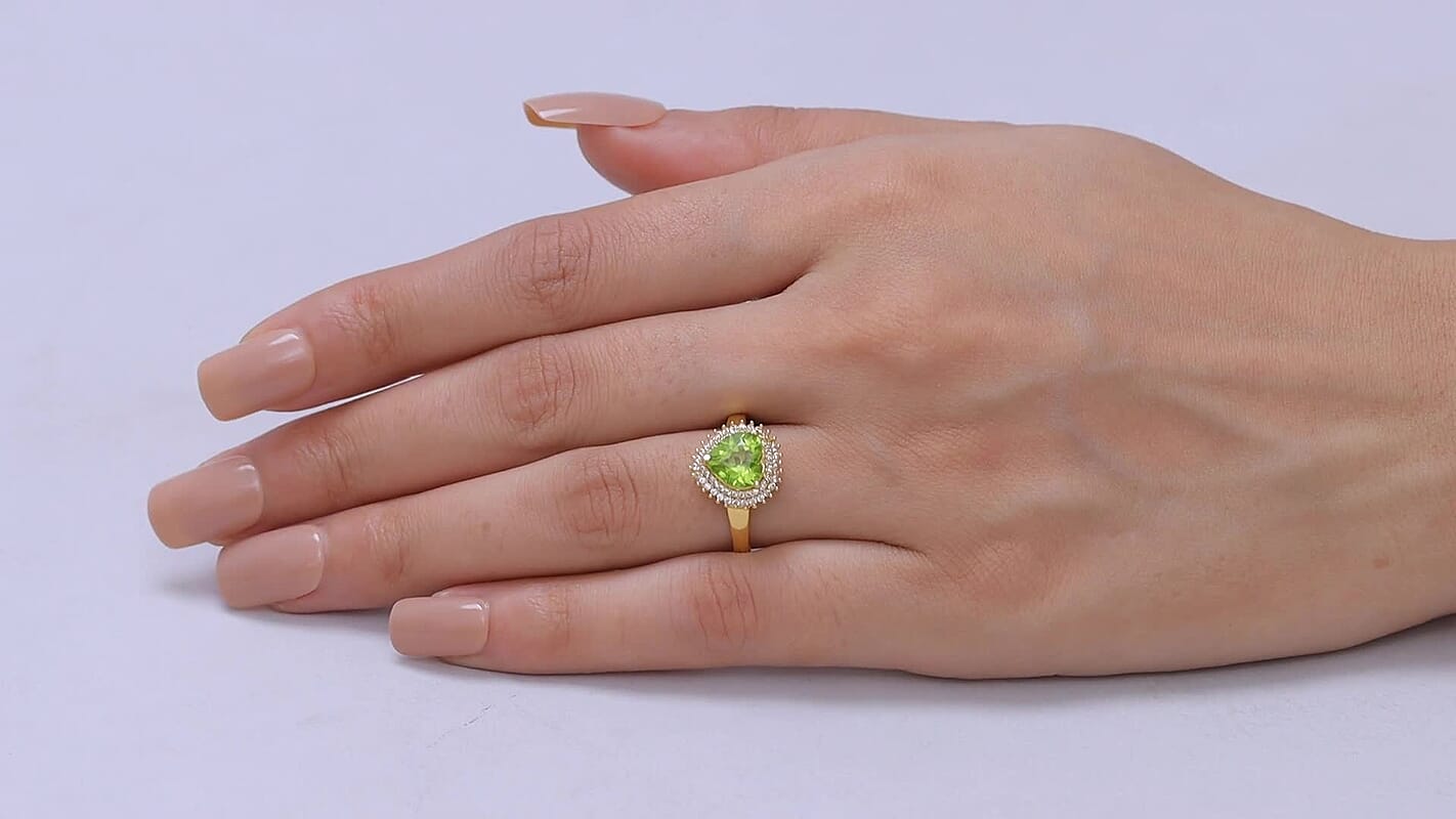 EverTrue Hebei Peridot, White Zircon Ring in 18K YG Plated (Size 10.0) 2.40 ctw