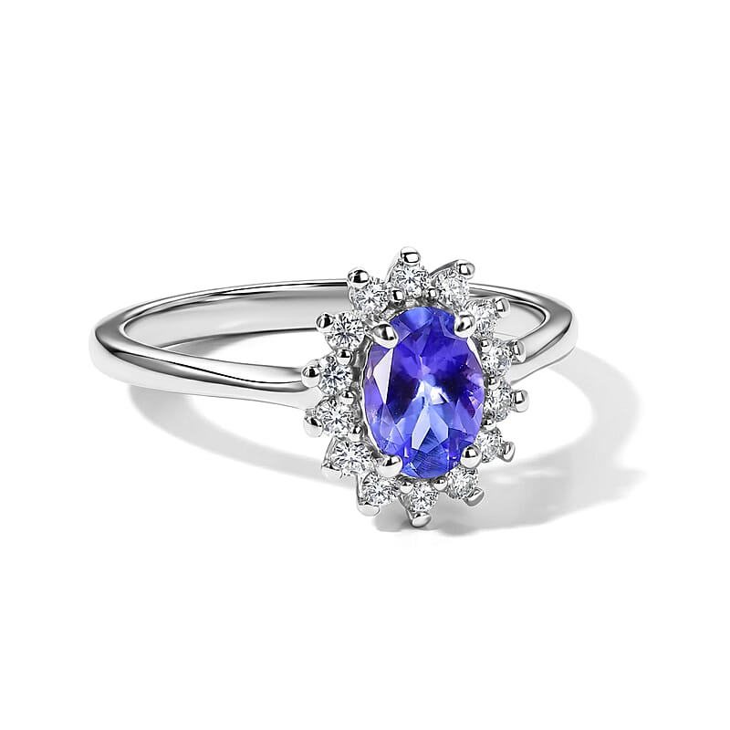 D'Joy Tanzanite and Moissanite 0.80 ctw Ring in Rhodium Over Sterling Silver (Size 10.0)