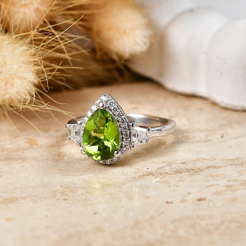 EverTrue Hebei Peridot and Moissanite 2.50 ctw Morning Dewdrop Ring in Platinum Bond (Size 8.0) (Ships in 8-10 Days)