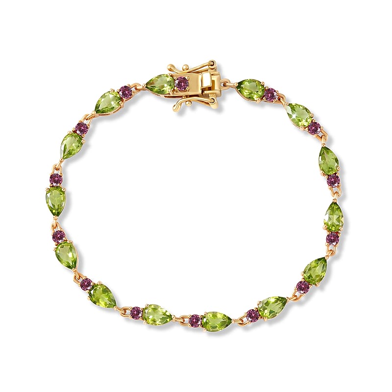 EverTrue Hebei Peridot and Orissa Rose Garnet 7.90 ctw Summer Vine Bracelet in 18K YG Plated (6.50 In) (Ships in 8-10 Days)