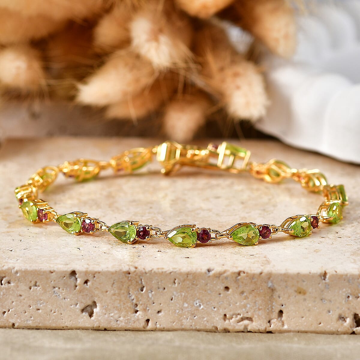 EverTrue Hebei Peridot and Orissa Rose Garnet 7.90 ctw Summer Vine Bracelet in 18K YG Plated (6.50 In) (Ships in 8-10 Days) image number 1
