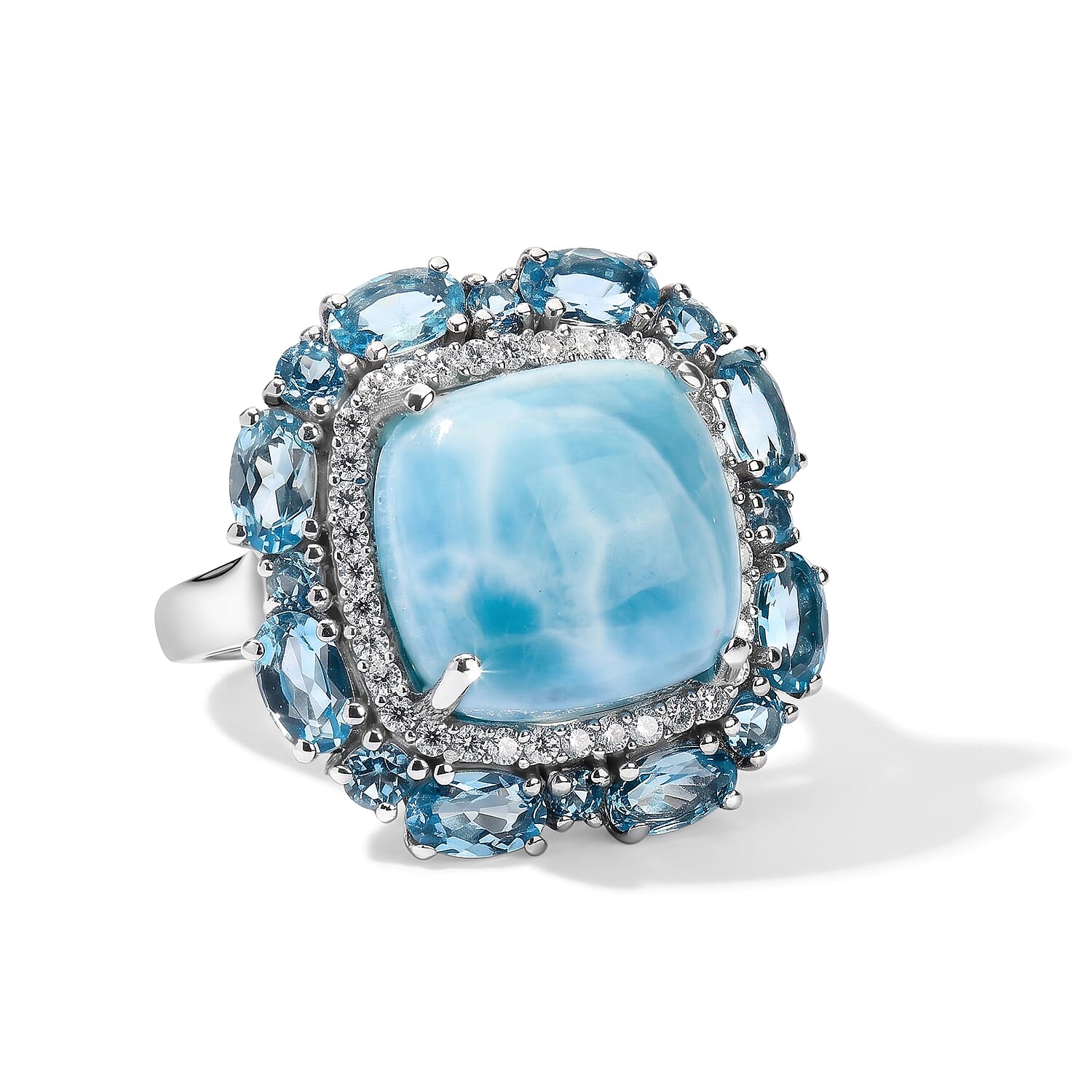 D'Joy AAA Larimar, Multi Gemstone Ring in Rhodium Over Sterling Silver (Size 6.0) 12.40 ctw