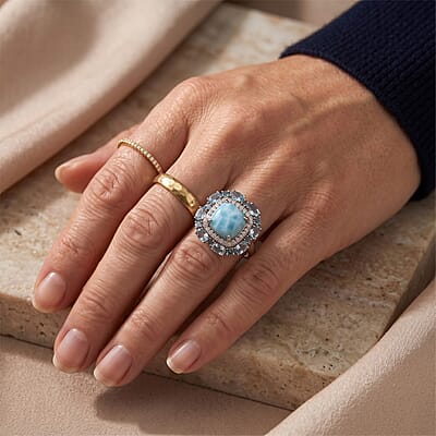D'Joy AAA Larimar, Multi Gemstone Ring in Rhodium Over Sterling Silver (Size 6.0) 12.40 ctw