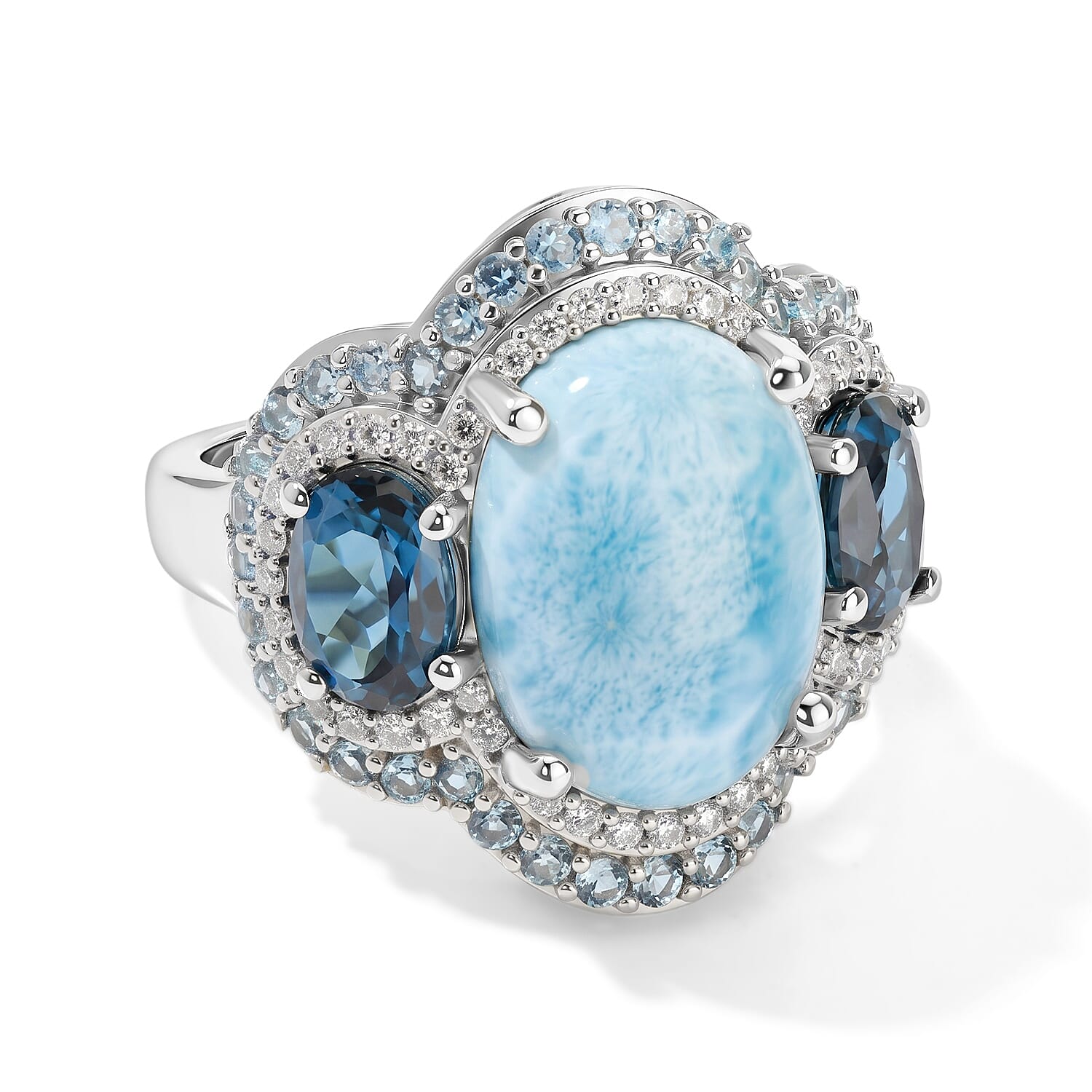 D'Joy AAA Larimar, Multi Gemstone Ring in Rhodium Over Sterling Silver (Size 6.0) 10.00 ctw