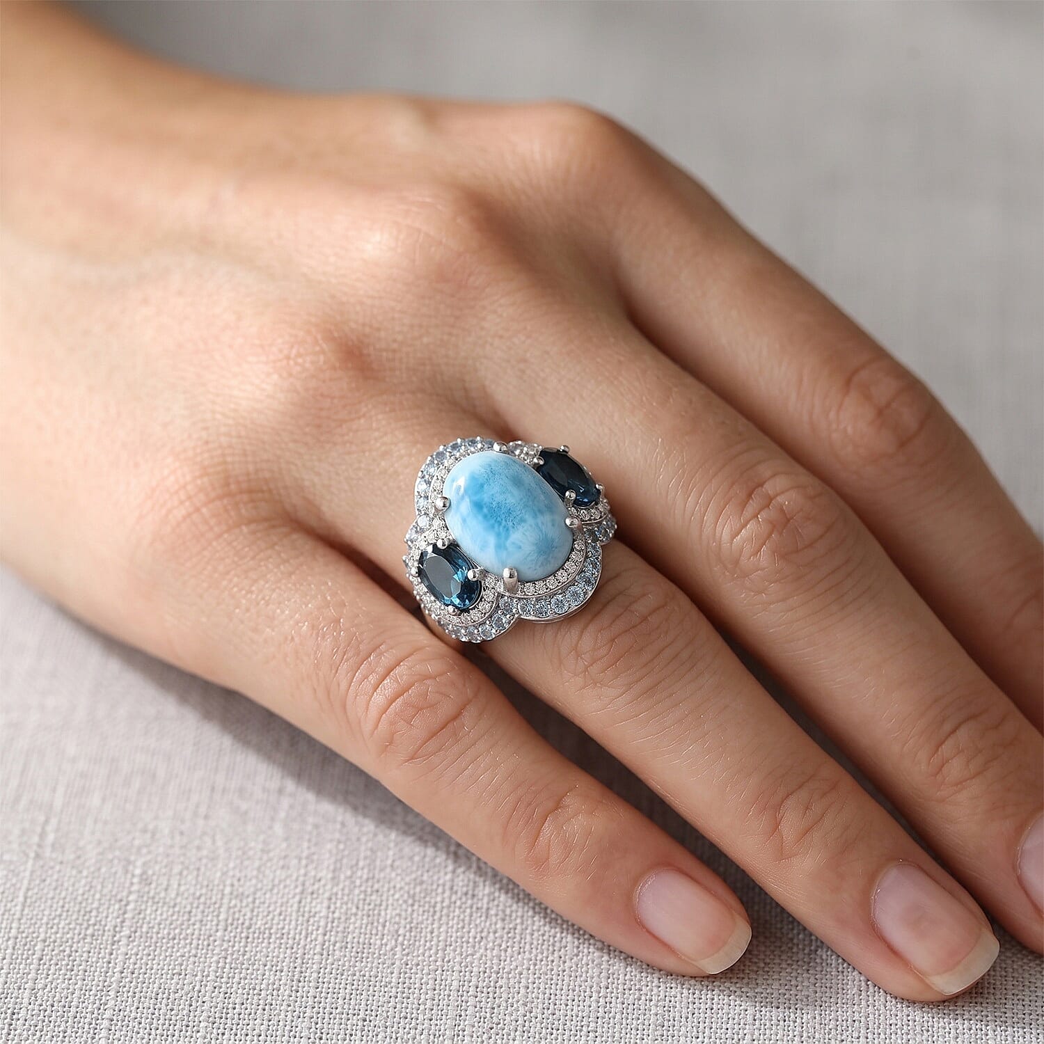 D'Joy AAA Larimar, Multi Gemstone Ring in Rhodium Over Sterling Silver (Size 6.0) 10.00 ctw