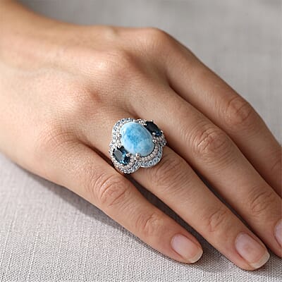 D'Joy AAA Larimar, Multi Gemstone Ring in Rhodium Over Sterling Silver (Size 6.0) 10.00 ctw
