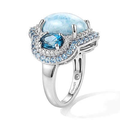 D'Joy AAA Larimar, Multi Gemstone Ring in Rhodium Over Sterling Silver (Size 6.0) 10.00 ctw