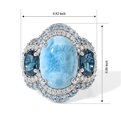 D'Joy AAA Larimar, Multi Gemstone Ring in Rhodium Over Sterling Silver (Size 6.0) 10.00 ctw