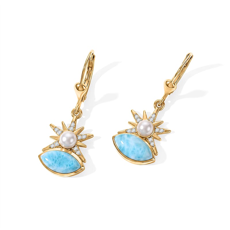 D'Joy AAA Larimar and Multi Gemstone 2.90 ctw Earrings in 18K Vermeil Yellow Gold Over Sterling Silver