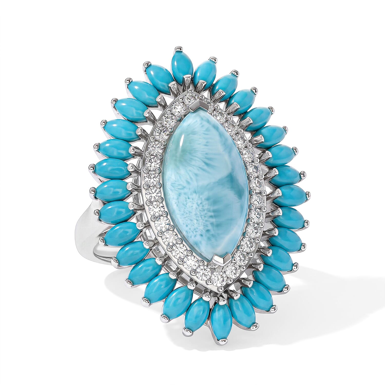 D'Joy AAA Larimar, Multi Gemstone Ring in Rhodium Over Sterling Silver (Size 6.0) 8.00 ctw
