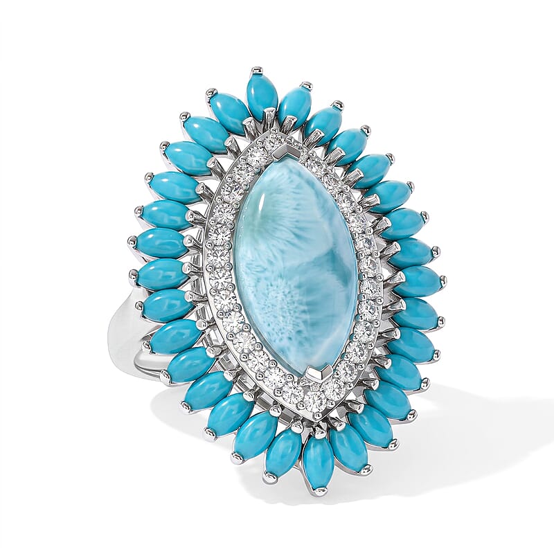 D'Joy AAA Larimar, Multi Gemstone Ring in Rhodium Over Sterling Silver (Size 6.0) 8.00 ctw