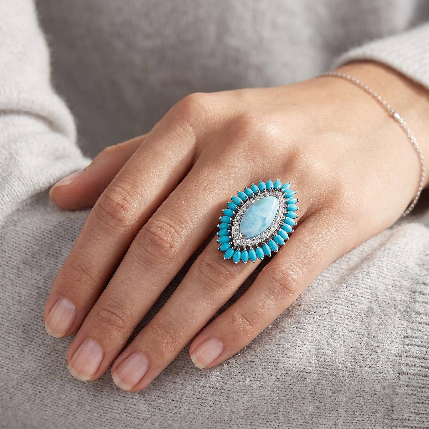 D'Joy AAA Larimar, Multi Gemstone Ring in Rhodium Over Sterling Silver (Size 6.0) 8.00 ctw