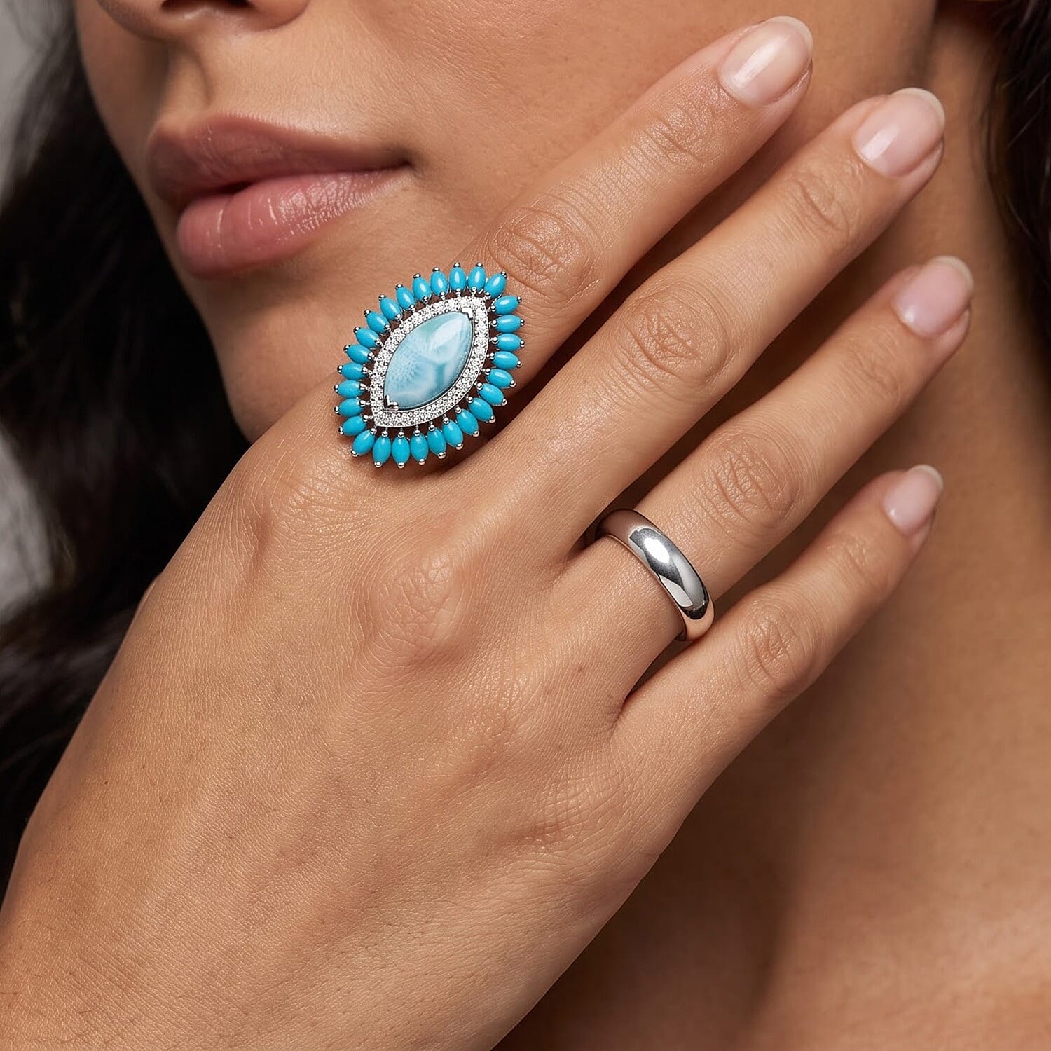 D'Joy AAA Larimar, Multi Gemstone Ring in Rhodium Over Sterling Silver (Size 6.0) 8.00 ctw