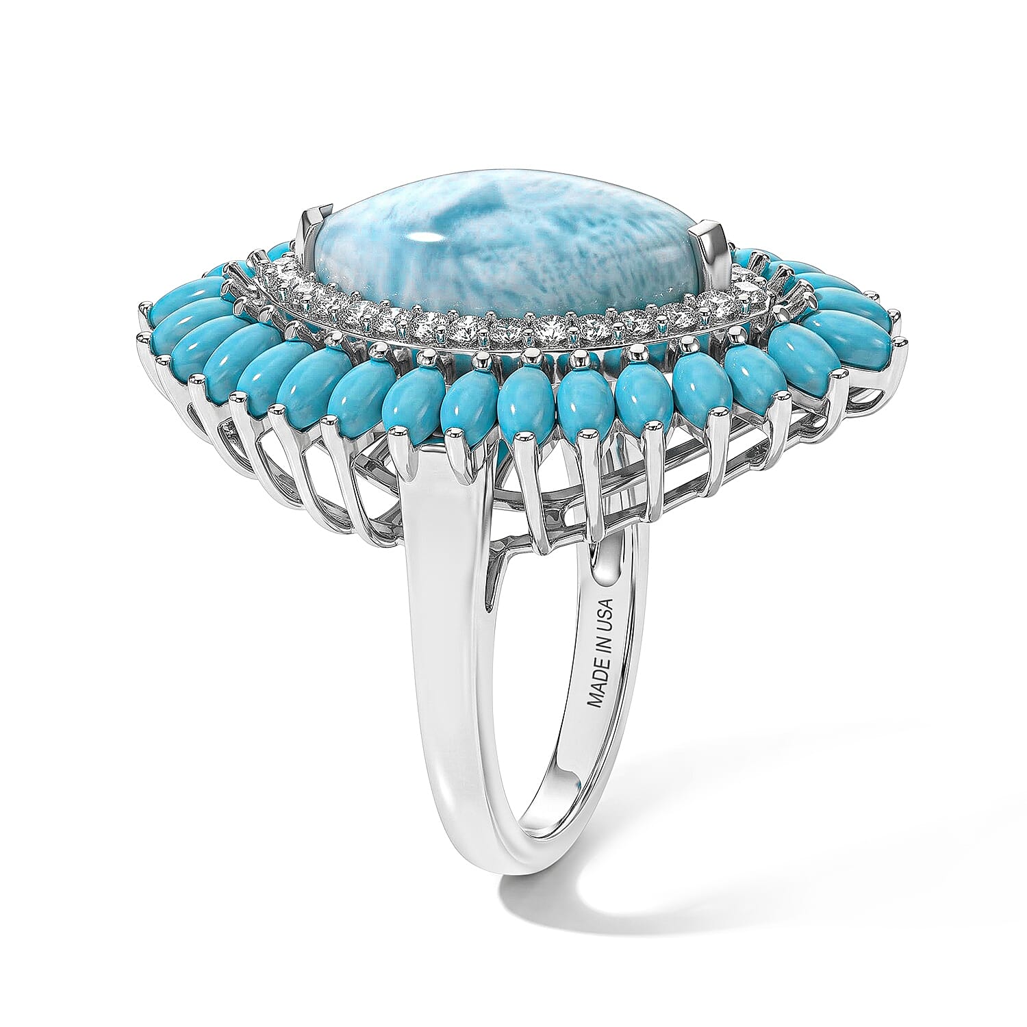 D'Joy AAA Larimar, Multi Gemstone Ring in Rhodium Over Sterling Silver (Size 6.0) 8.00 ctw