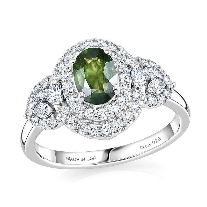 Certified & Appraised D'Joy Premium Malawi Green Sapphire and Moissanite 1.80 ctw Ring in Rhodium Over Sterling Silver (Size 10.0)