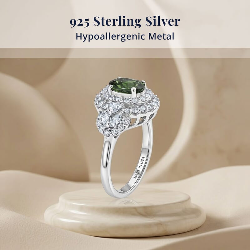 Certified & Appraised D'Joy Premium Malawi Green Sapphire and Moissanite 1.80 ctw Ring in Rhodium Over Sterling Silver (Size 8.0)