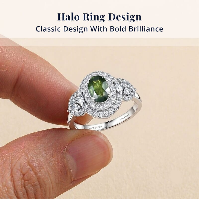 Certified & Appraised D'Joy Premium Malawi Green Sapphire and Moissanite 1.80 ctw Ring in Rhodium Over Sterling Silver (Size 8.0)