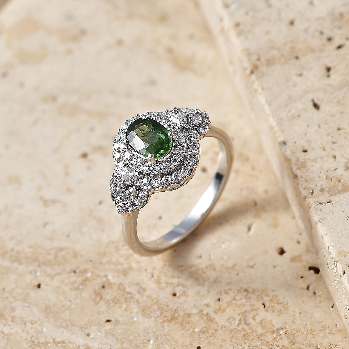 Certified & Appraised D'Joy Premium Malawi Green Sapphire and Moissanite 1.80 ctw Ring in Rhodium Over Sterling Silver (Size 9.0) image number 1