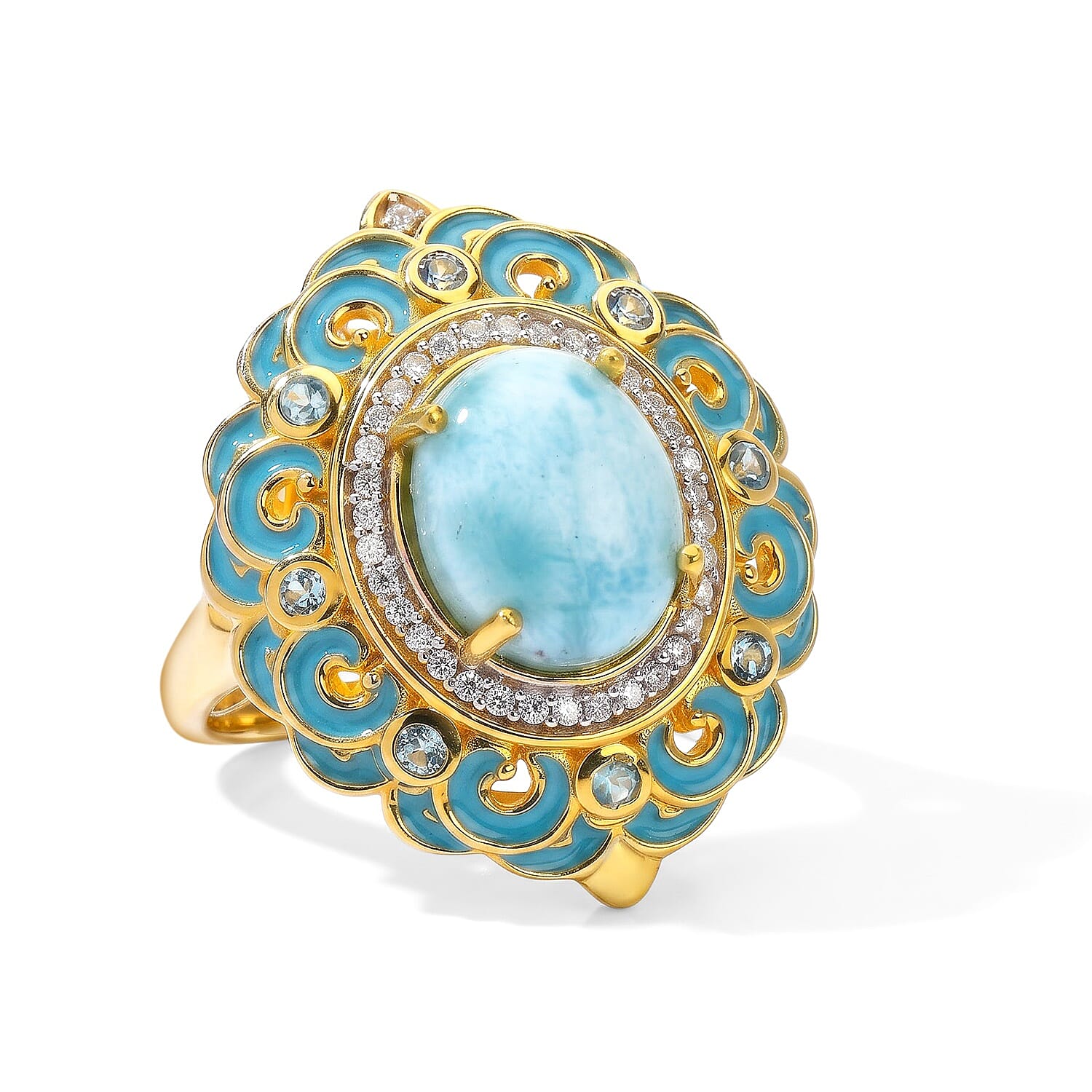 D'Joy AAA Larimar, Multi Gemstone Ring in 18K Vermeil YG Over Sterling Silver (Size 6.0) 5.00 ctw