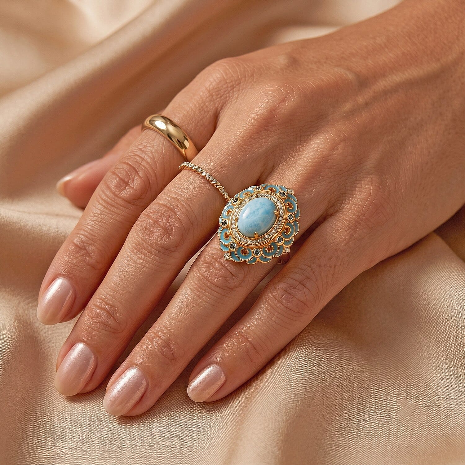 D'Joy AAA Larimar, Multi Gemstone Ring in 18K Vermeil YG Over Sterling Silver (Size 6.0) 5.00 ctw