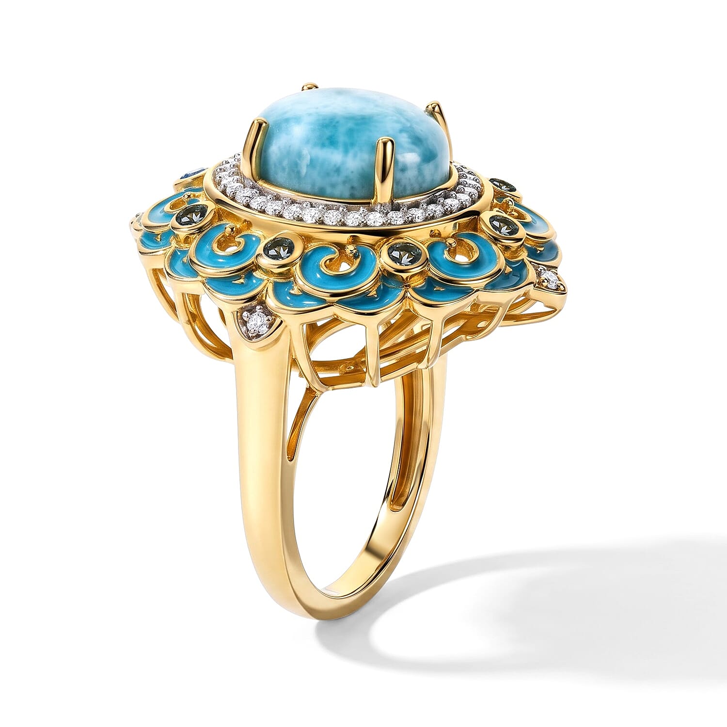D'Joy AAA Larimar, Multi Gemstone Ring in 18K Vermeil YG Over Sterling Silver (Size 6.0) 5.00 ctw
