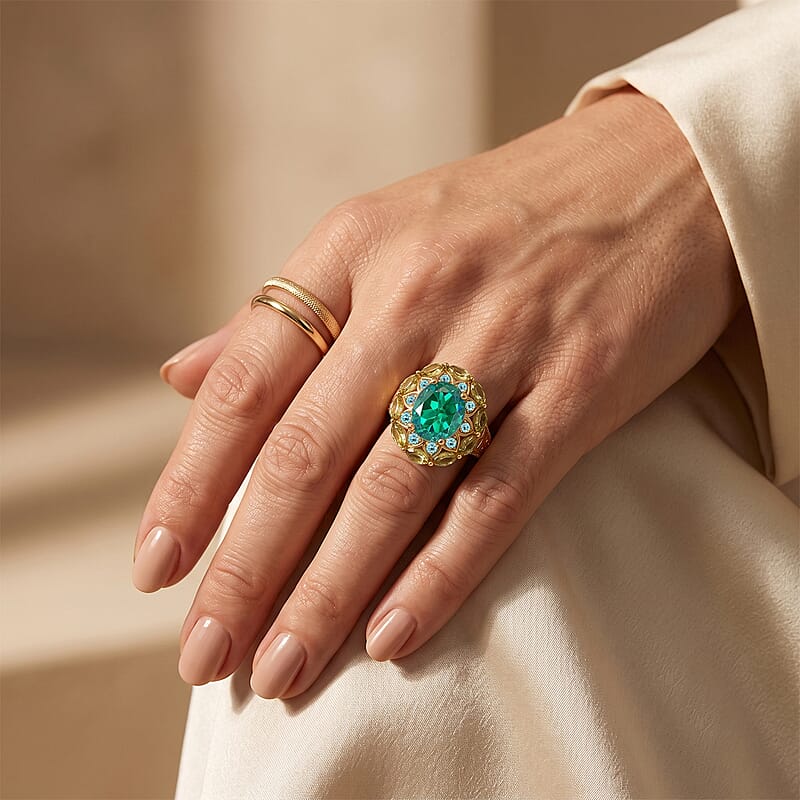 EverTrue Peacock Quartz (Triplet) and Multi Gemstone 7.00 ctw Royal Peacock Petal Ring in 18K YG Plated (Size 5.0)