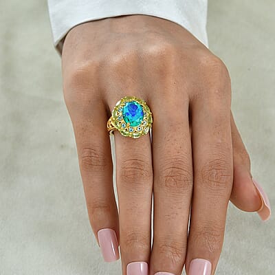 EverTrue Peacock Quartz (Triplet) and Multi Gemstone 7.00 ctw Royal Peacock Petal Ring in 18K YG Plated (Size 6.0)